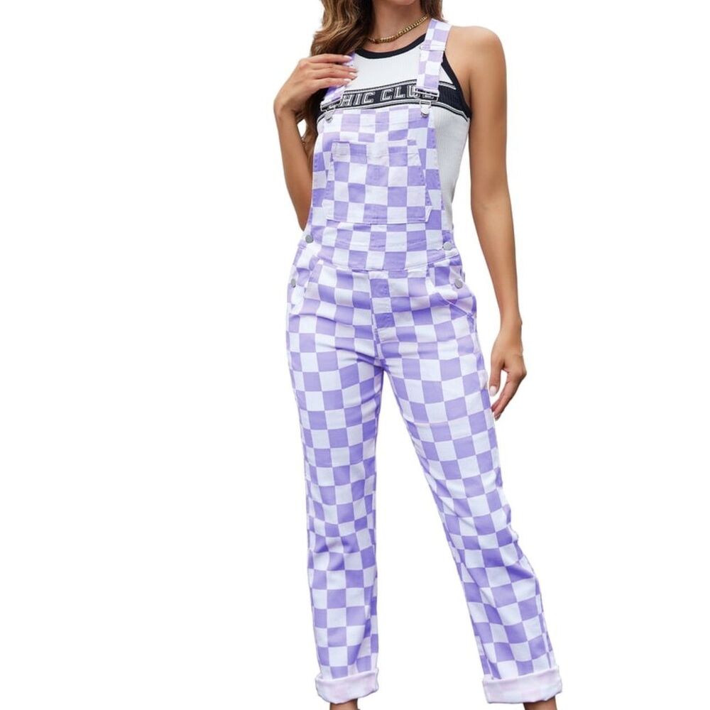 Valkyries Violet Purple Women’s Checkered Straight Leg Bib Denim Overalls XL